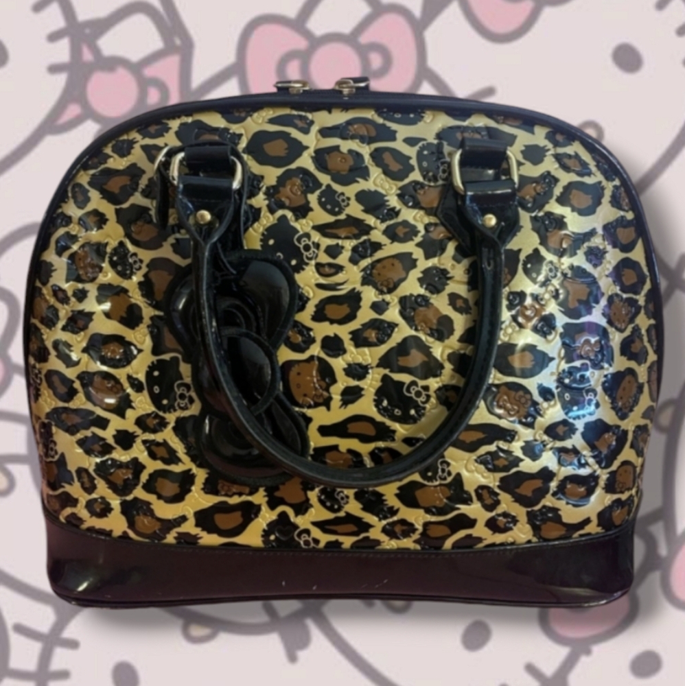 Loungefly Hello Kitty Cheetah Print Patent Leather Large Bowler Bag Purse